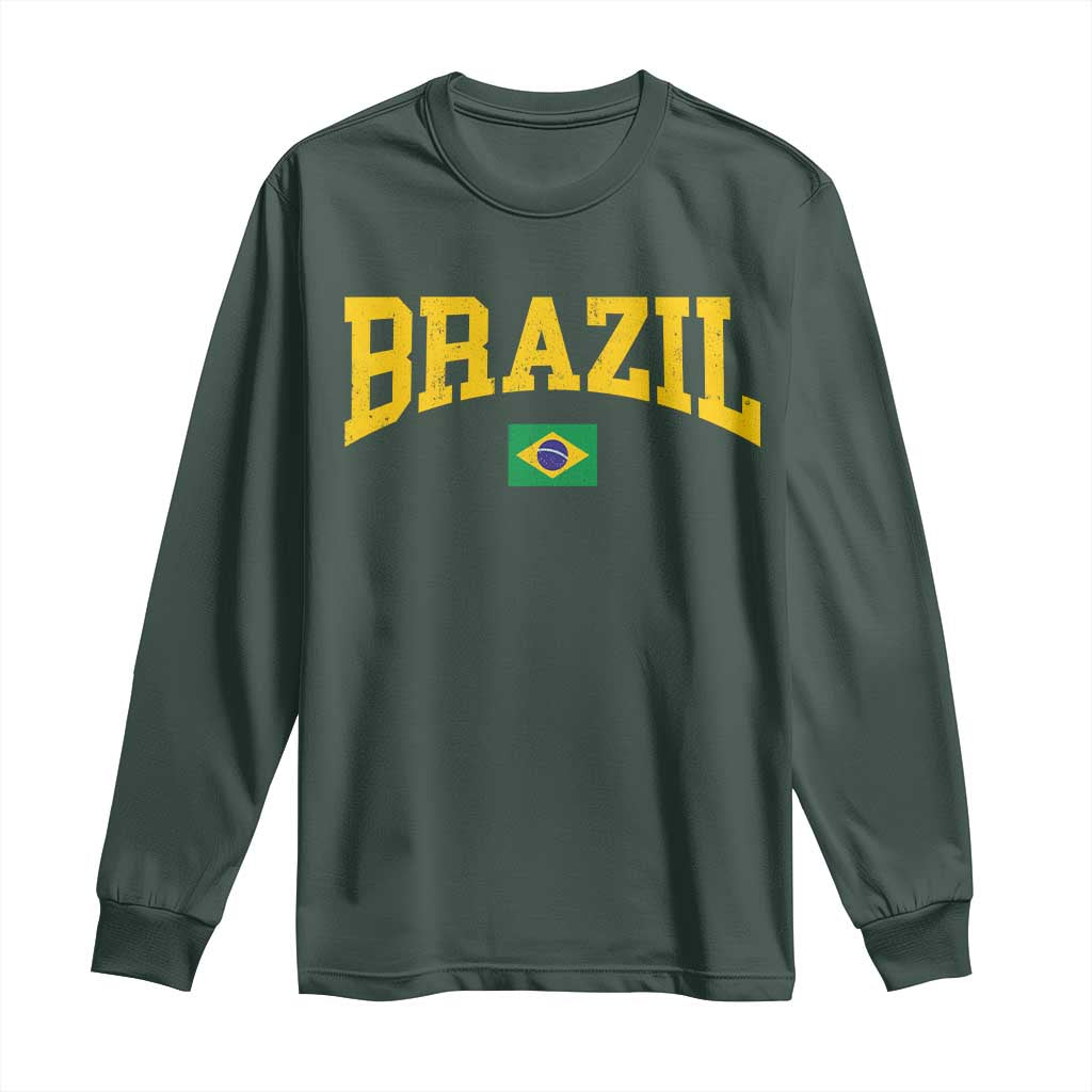 Brazil Football Throwback Design Vintage Brazilian Flag Jersey Style Long Sleeve Shirt TS11 Dark Forest Green Print Your Wear