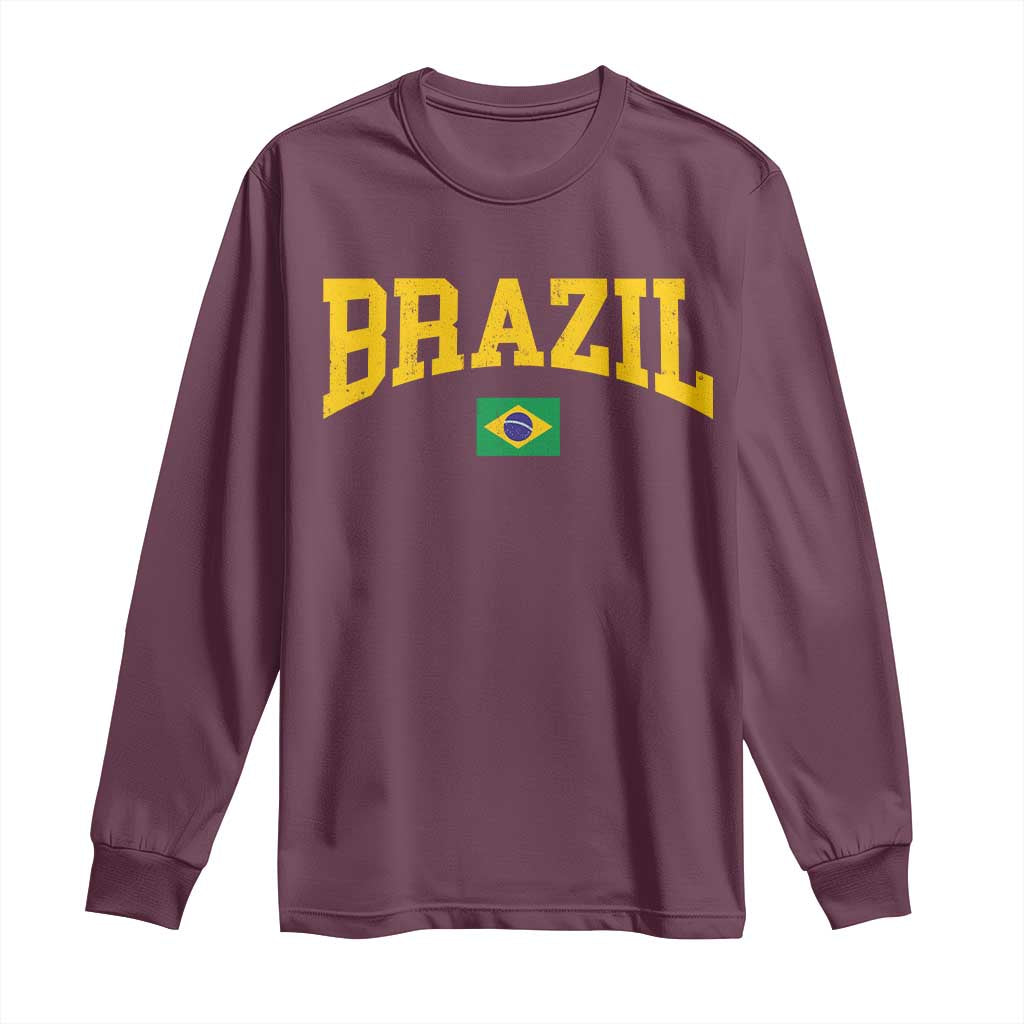 Brazil Football Throwback Design Vintage Brazilian Flag Jersey Style Long Sleeve Shirt TS11 Maroon Print Your Wear