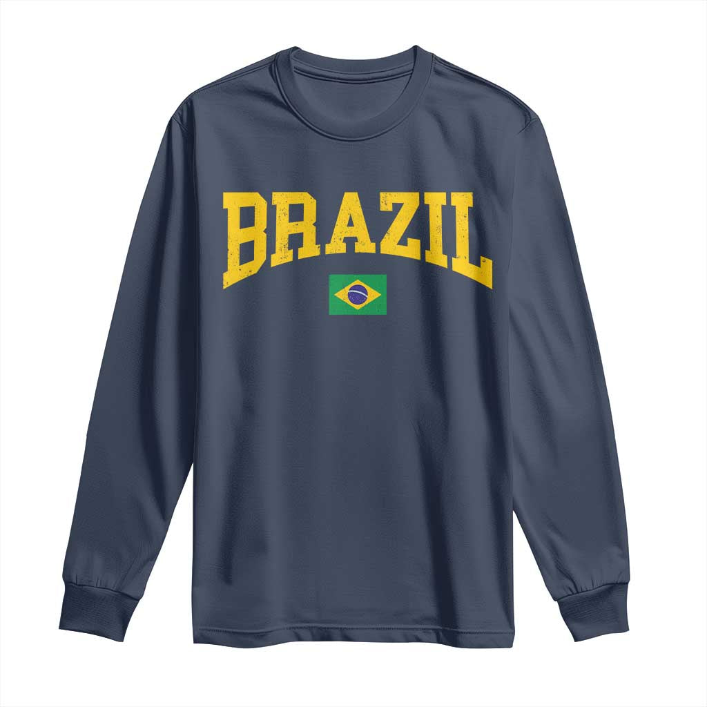 Brazil Football Throwback Design Vintage Brazilian Flag Jersey Style Long Sleeve Shirt TS11 Navy Print Your Wear