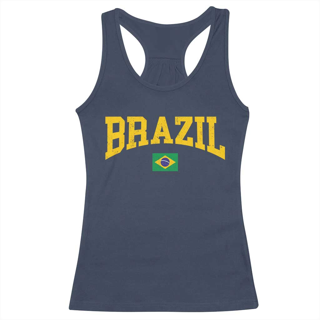 Brazil Football Throwback Design Vintage Brazilian Flag Jersey Style Racerback Tank Top TS11 Navy Print Your Wear