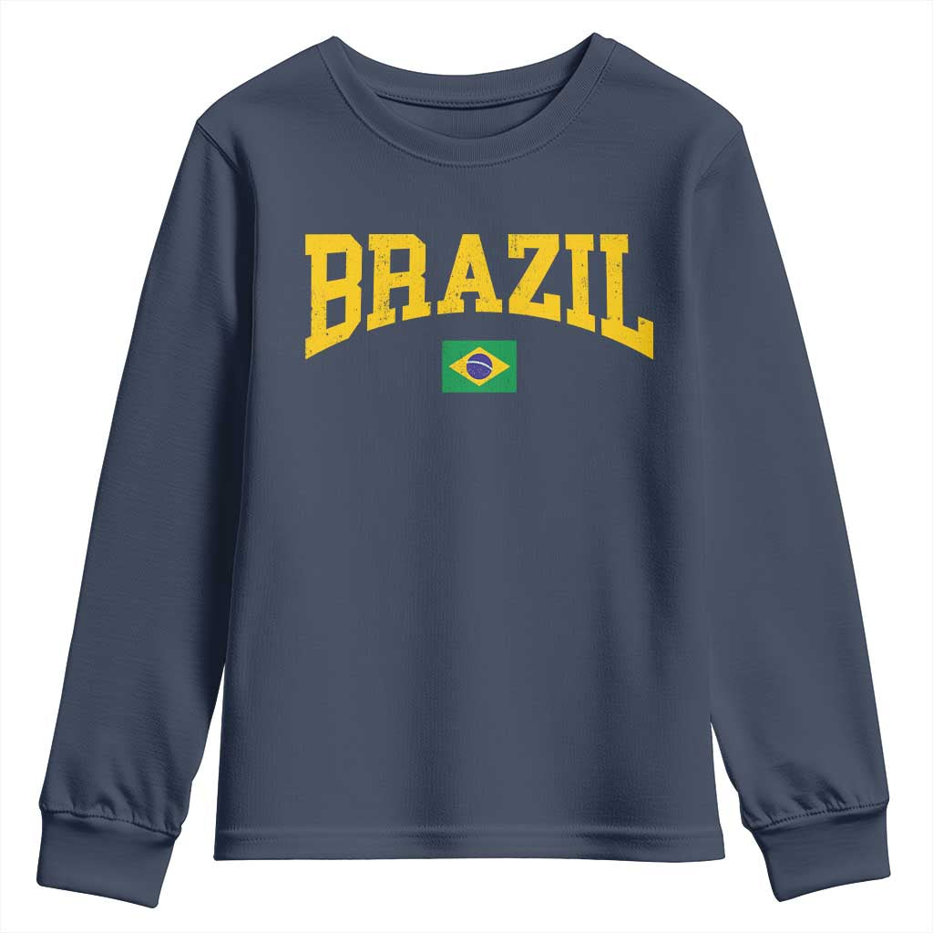 Brazil Football Throwback Design Vintage Brazilian Flag Jersey Style Youth Sweatshirt TS11 Navy Print Your Wear