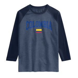 Colombia Football Throwback Design Vintage Colombian Flag Jersey Style Raglan Shirt TS11 Heather Denim Navy Print Your Wear