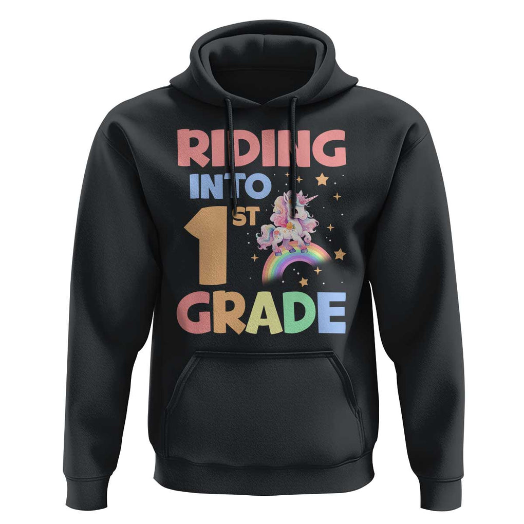 Back To School Unicorn Hoodie Riding Into 1st Grade Rainbow Star TS11 Black Print Your Wear