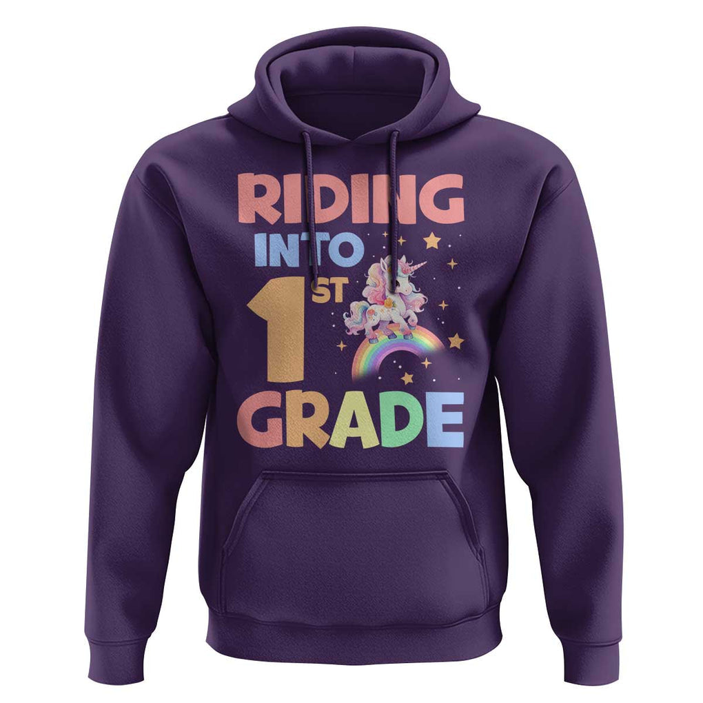 Back To School Unicorn Hoodie Riding Into 1st Grade Rainbow Star TS11 Purple Print Your Wear