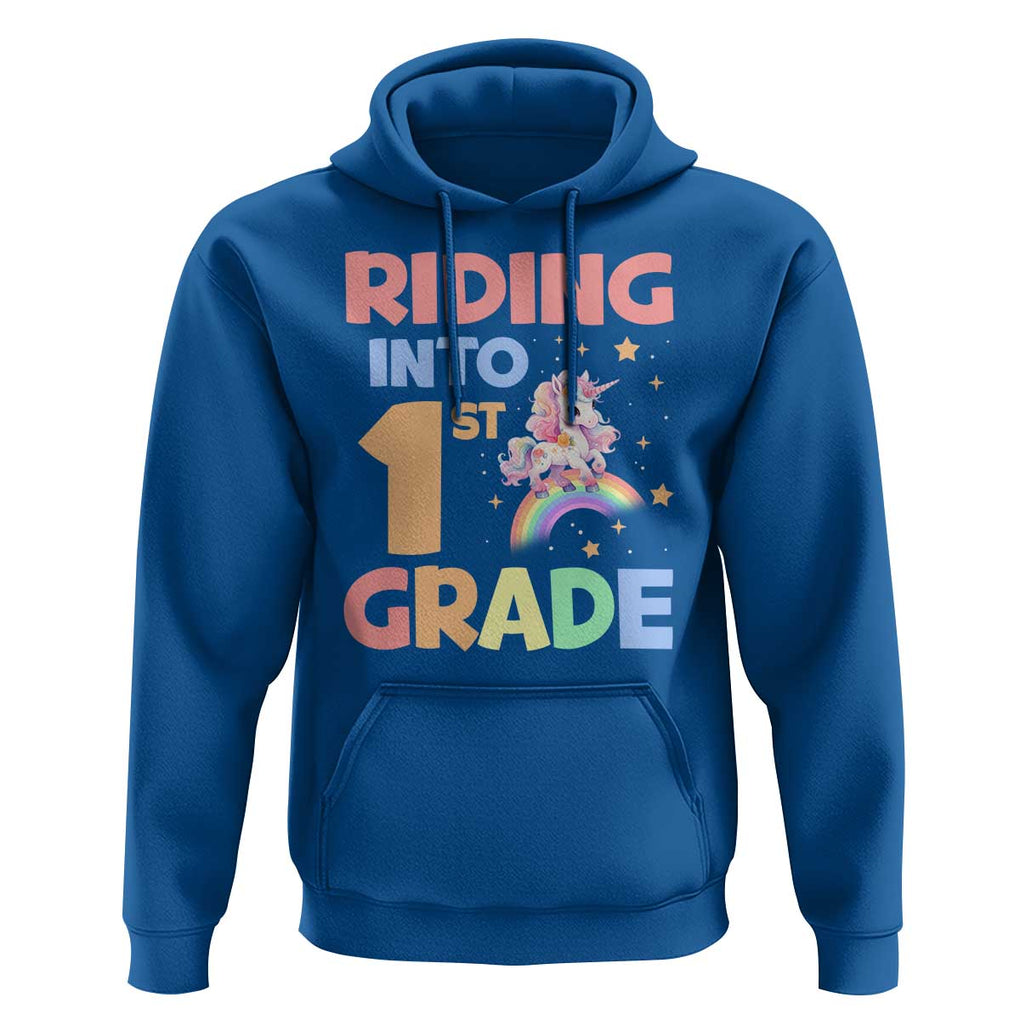 Back To School Unicorn Hoodie Riding Into 1st Grade Rainbow Star TS11 Royal Blue Print Your Wear