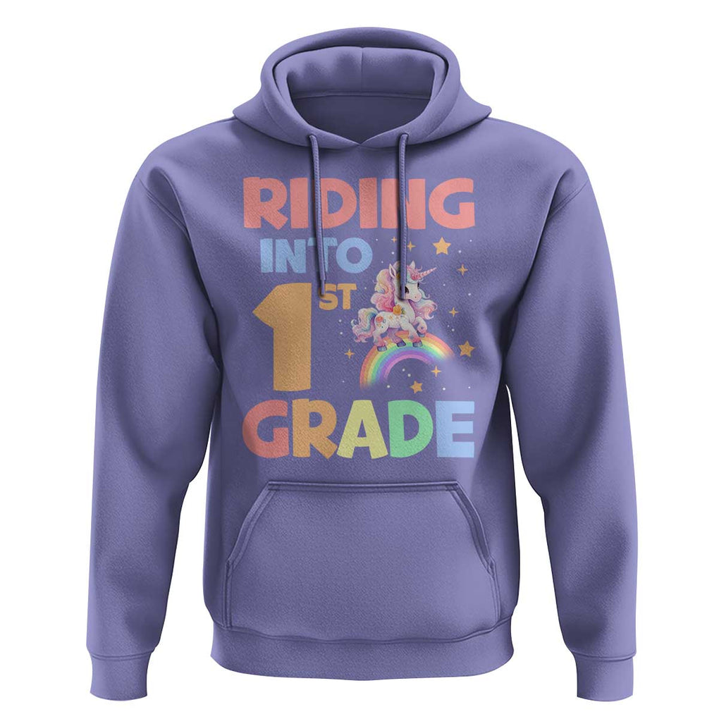 Back To School Unicorn Hoodie Riding Into 1st Grade Rainbow Star TS11 Violet Print Your Wear