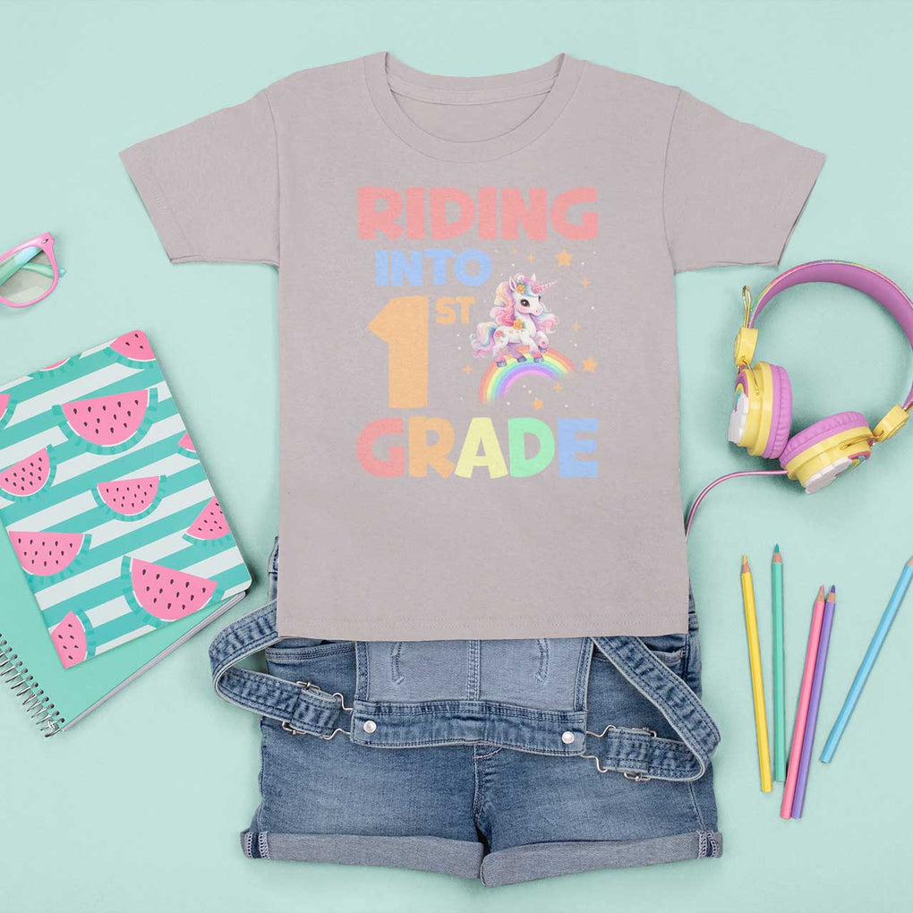 Back To School Unicorn T Shirt For Kid Riding Into 1st Grade Rainbow Star TS11 Ice Gray Print Your Wear