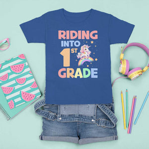 Back To School Unicorn T Shirt For Kid Riding Into 1st Grade Rainbow Star TS11 Royal Blue Print Your Wear