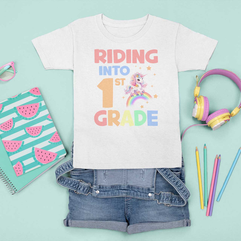 Back To School Unicorn T Shirt For Kid Riding Into 1st Grade Rainbow Star TS11 White Print Your Wear