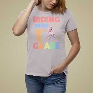 Back To School Unicorn T Shirt For Women Riding Into 1st Grade Rainbow Star TS11 Ice Gray Print Your Wear