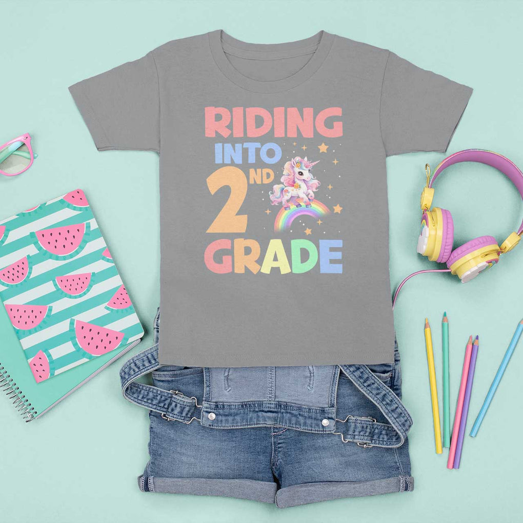 Back To School Unicorn T Shirt For Kid Riding Into 2nd Grade Rainbow Star TS11 Sport Gray Print Your Wear