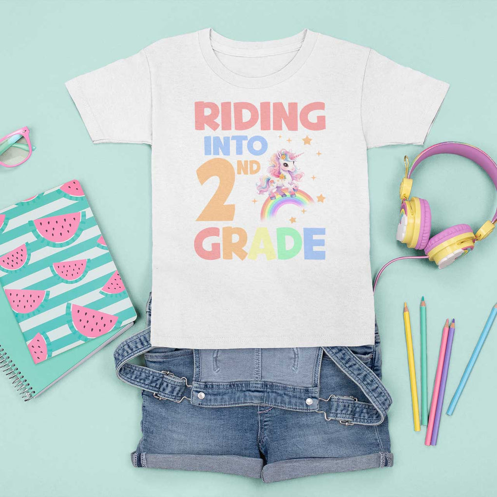 Back To School Unicorn T Shirt For Kid Riding Into 2nd Grade Rainbow Star TS11 White Print Your Wear