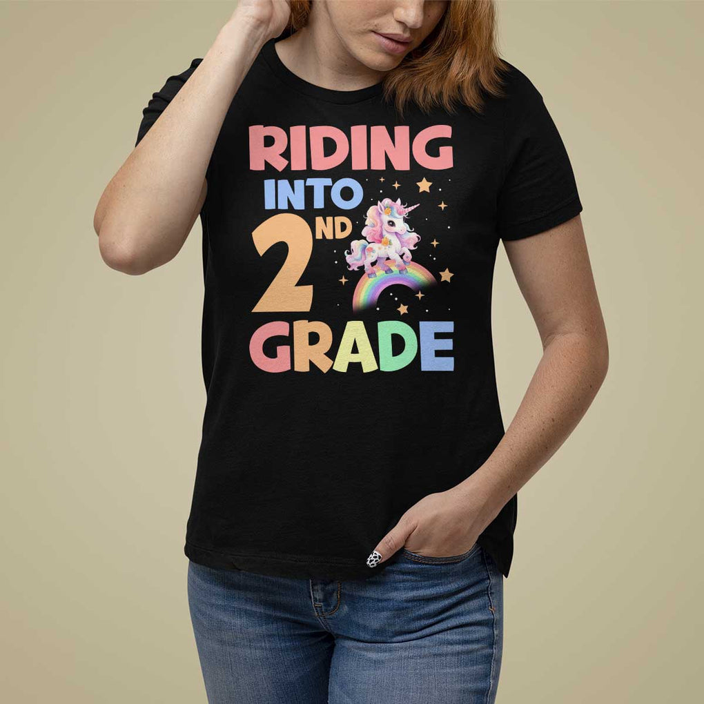 Back To School Unicorn T Shirt For Women Riding Into 2nd Grade Rainbow Star TS11 Black Print Your Wear