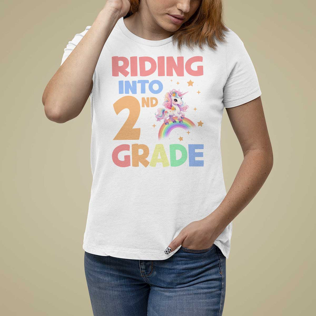 Back To School Unicorn T Shirt For Women Riding Into 2nd Grade Rainbow Star TS11 White Print Your Wear