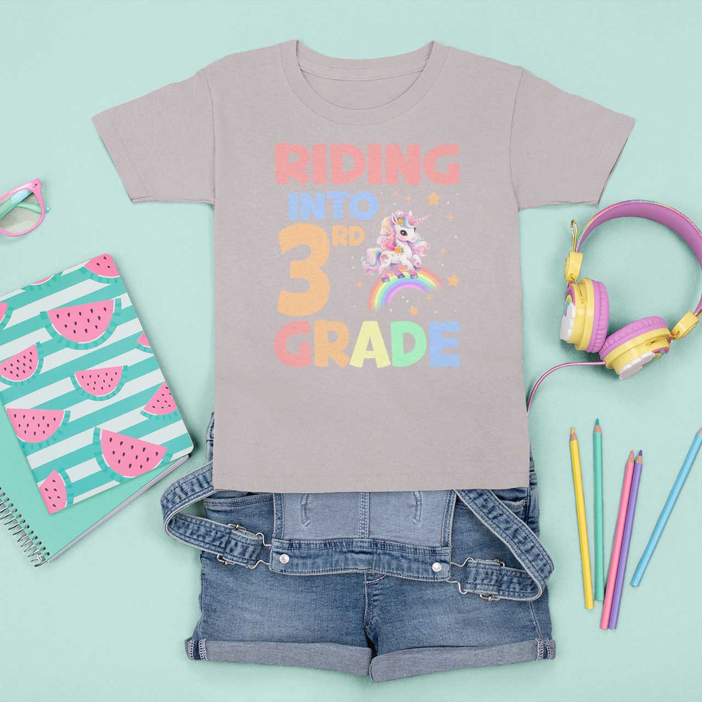 Back To School Unicorn T Shirt For Kid Riding Into 3rd Grade Rainbow Star TS11 Ice Gray Print Your Wear