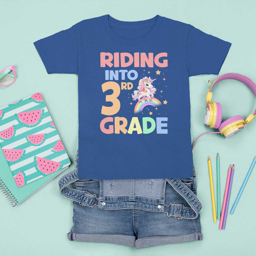 Back To School Unicorn T Shirt For Kid Riding Into 3rd Grade Rainbow Star TS11 Royal Blue Print Your Wear