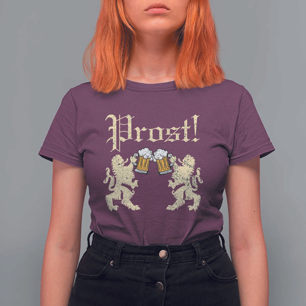 German Prost T Shirt For Women Lion Cheers Beer Drinking Oktoberfest TS11 Maroon Print Your Wear