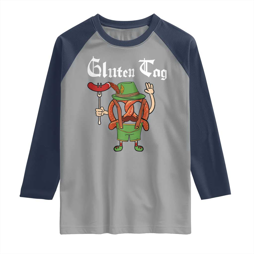 Funny Pretzel Raglan Shirt Guten Tag Lederhosen Bratwurst Oktoberfest TS11 Sport Gray Navy Print Your Wear
