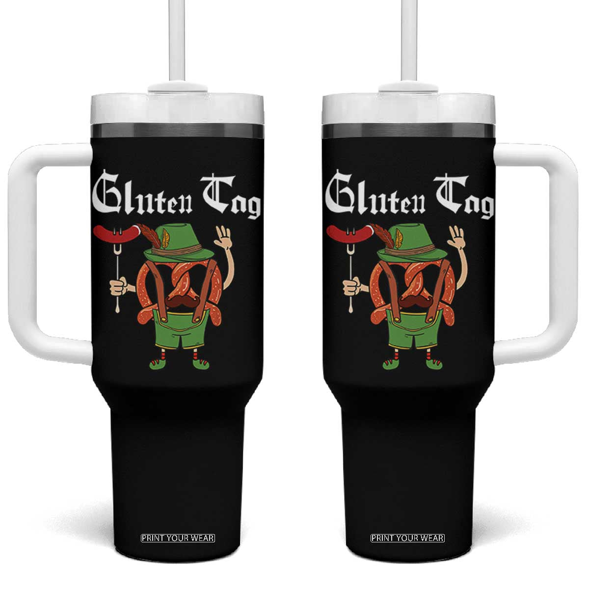 Funny Pretzel Tumbler With Handle Guten Tag Lederhosen Bratwurst Oktoberfest TS11 One Size: 40 oz Black Print Your Wear
