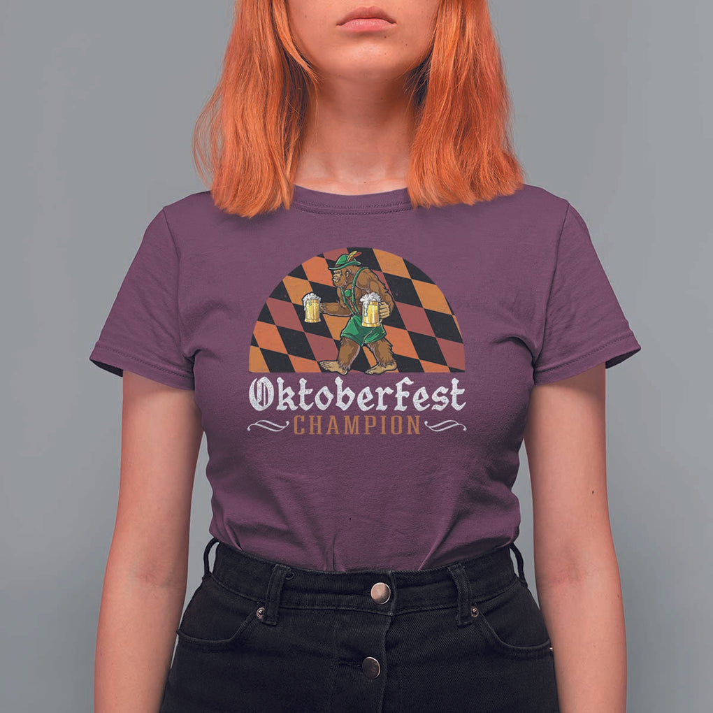 Funny Bigfoot T Shirt For Women Oktoberfest Champion Beer Lenderhosen TS11 Maroon Print Your Wear
