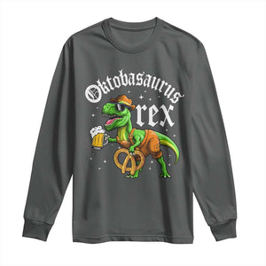 Funny Oktoberfest Dinosaur Long Sleeve Shirt Oktobasaurus Rex Lederhosen Bavarian Beer TS11 Dark Heather Print Your Wear