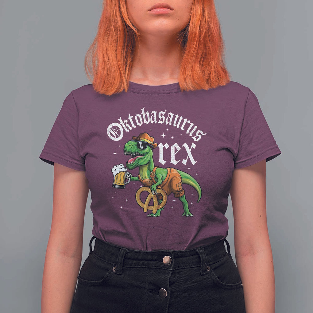 Funny Oktoberfest Dinosaur T Shirt For Women Oktobasaurus Rex Lederhosen Bavarian Beer TS11 Maroon Print Your Wear