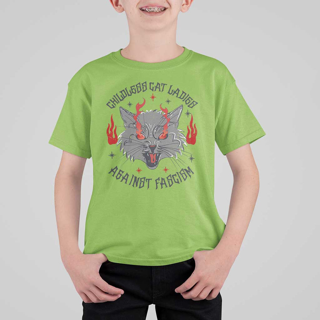 Funny Childless Cat Ladies Against Fascism T Shirt For Kid Angry Fire Cat Feminist TS11 Lime Print Your Wear
