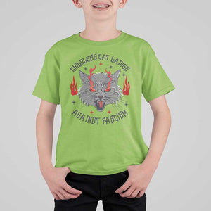 Funny Childless Cat Ladies Against Fascism T Shirt For Kid Angry Fire Cat Feminist TS11 Lime Print Your Wear