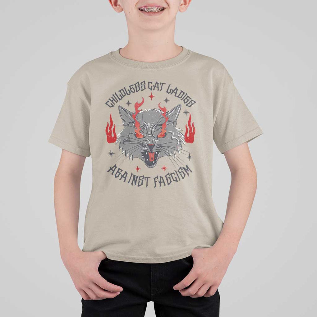 Funny Childless Cat Ladies Against Fascism T Shirt For Kid Angry Fire Cat Feminist TS11 Sand Print Your Wear