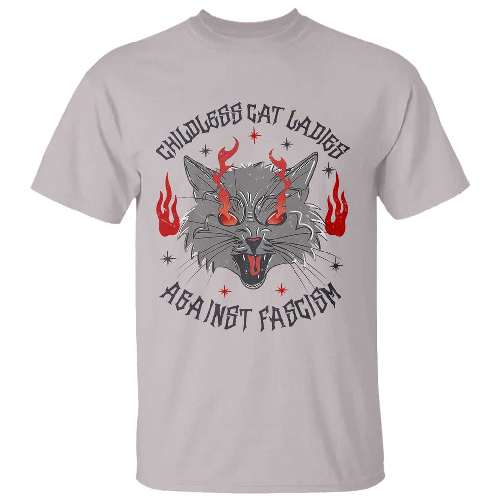 Funny Childless Cat Ladies Against Fascism T Shirt Angry Fire Cat Feminist TS11 Ice Gray Print Your Wear