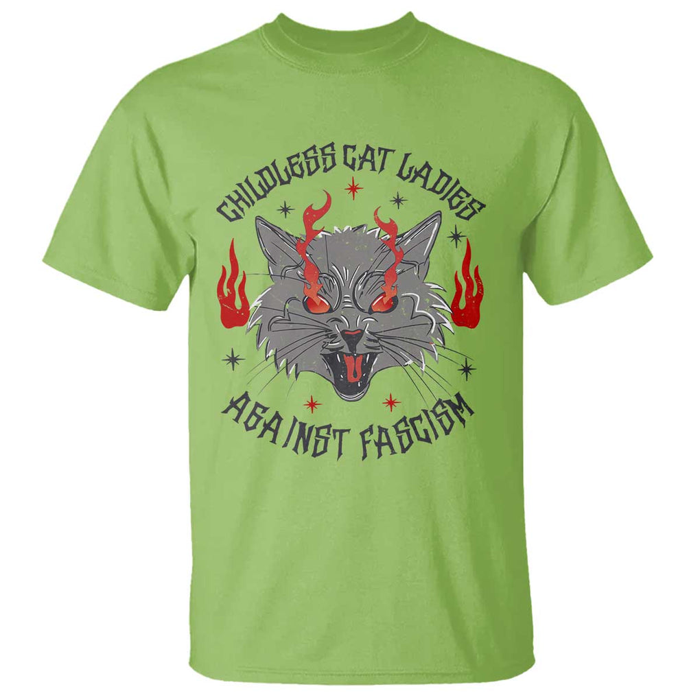 Funny Childless Cat Ladies Against Fascism T Shirt Angry Fire Cat Feminist TS11 Lime Print Your Wear