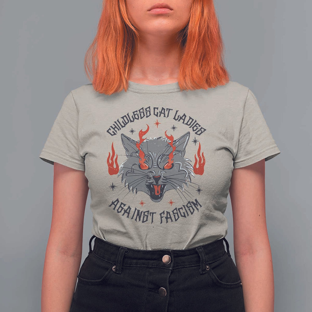 Funny Childless Cat Ladies Against Fascism T Shirt For Women Angry Fire Cat Feminist TS11 Sand Print Your Wear