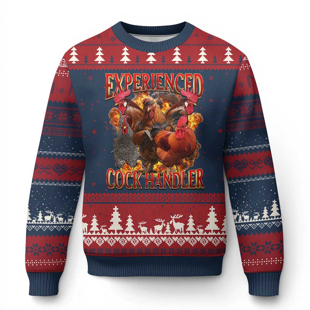Funny Experienced Cock Handler Ugly Christmas Sweater Inappropriate Adult Humor Chicken - Print Your Wear