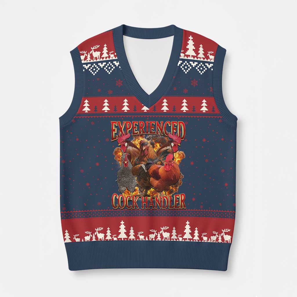 Funny Experienced Cock Handler V-Neck Knit Sweater Vest Inappropriate Adult Humor Chicken TS11 Navy Red Print Your Wear