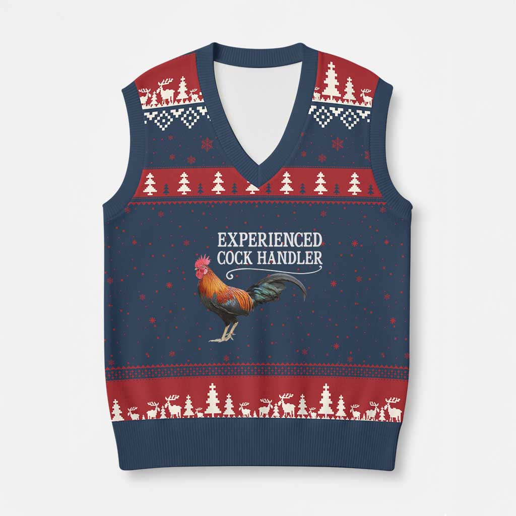 Funny Experienced Cock Handler V-Neck Knit Sweater Vest Raunchy Inappropriate Adult Humor Chicken TS11 Navy Red Print Your Wear