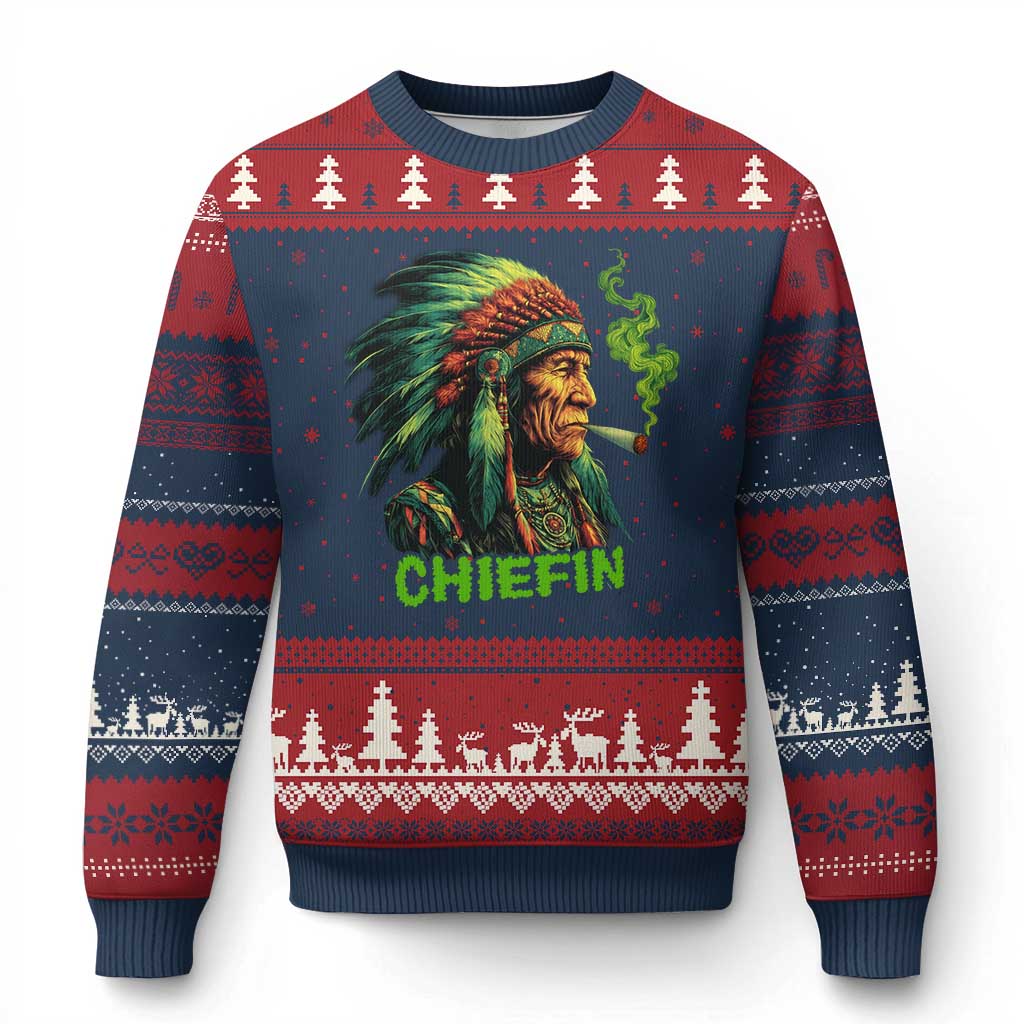 Funny Chiefin Weed Indian Native American Marijuana Ugly Christmas Sweater TS11 Navy Red Print Your Wear