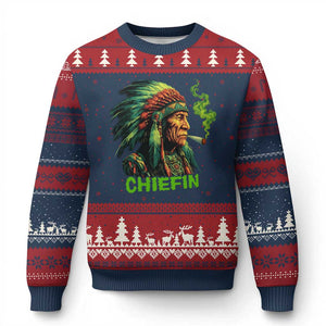 Funny Chiefin Weed Indian Native American Marijuana Ugly Christmas Sweater TS11 Navy Red Print Your Wear