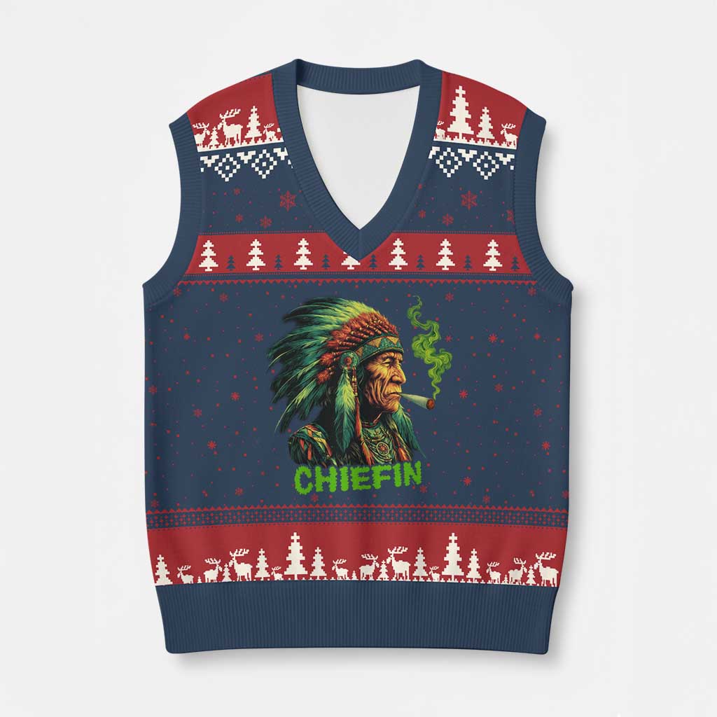 Funny Chiefin Weed Indian Native American Marijuana V-Neck Knit Sweater Vest TS11 Navy Red Print Your Wear