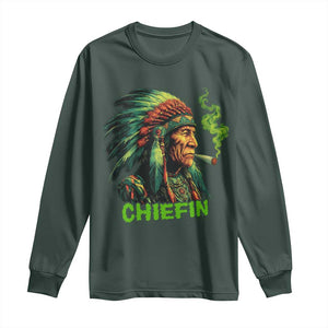 Funny Chiefin Weed Indian Native American Marijuana Long Sleeve Shirt TS11 Dark Forest Green Print Your Wear