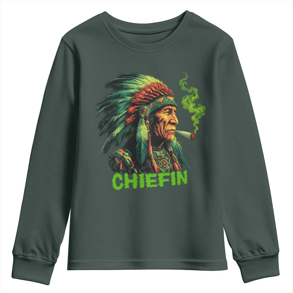 Funny Chiefin Weed Indian Native American Marijuana Youth Sweatshirt TS11 Dark Forest Green Print Your Wear