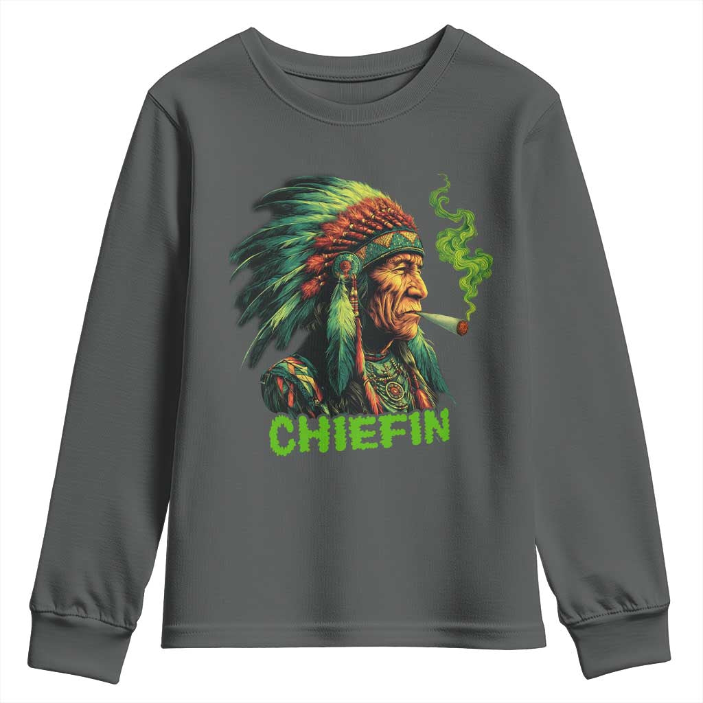 Funny Chiefin Weed Indian Native American Marijuana Youth Sweatshirt TS11 Dark Heather Print Your Wear