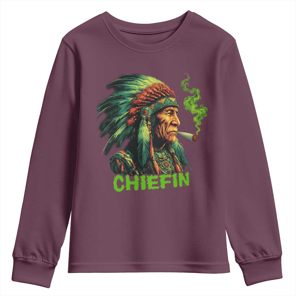 Funny Chiefin Weed Indian Native American Marijuana Youth Sweatshirt TS11 Maroon Print Your Wear
