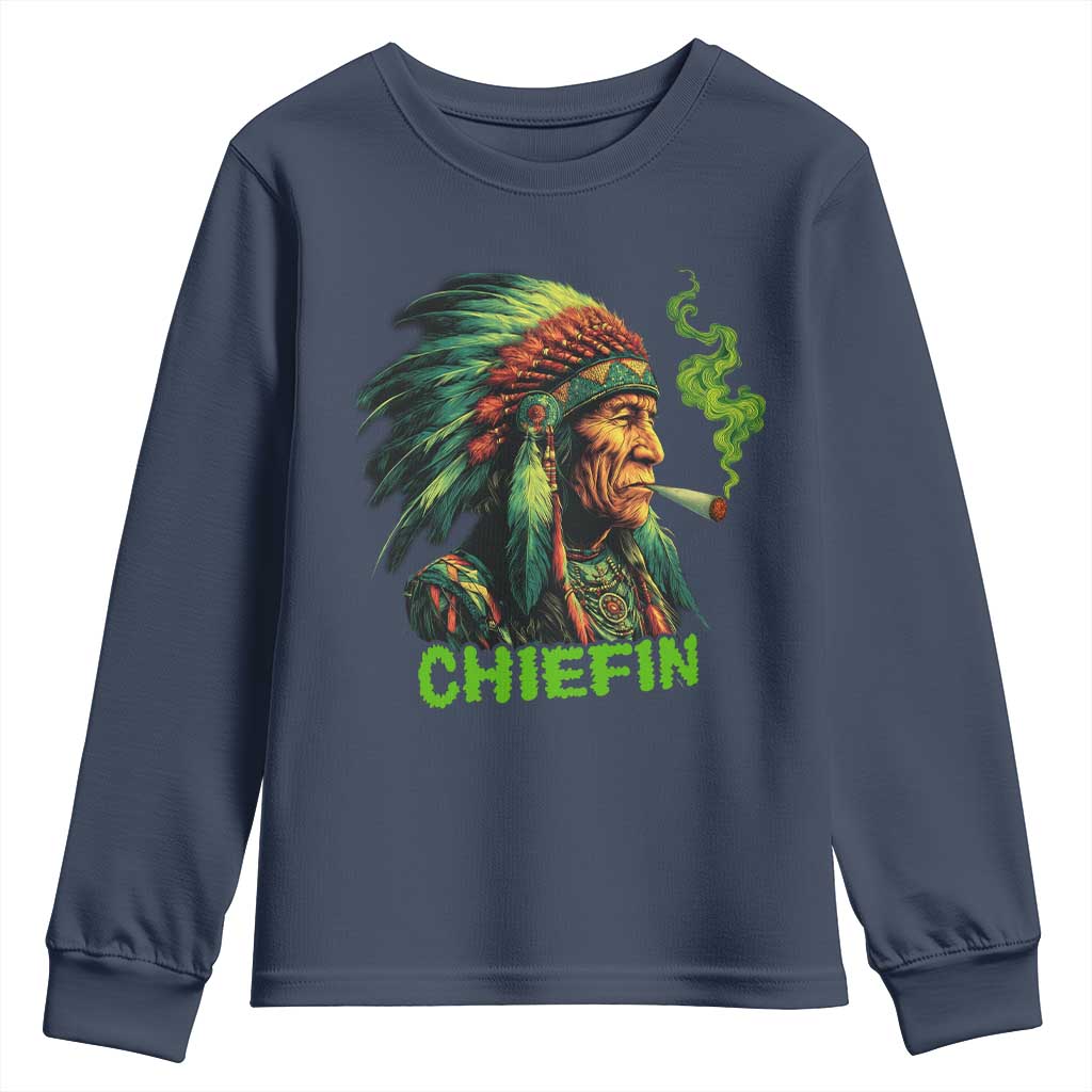 Funny Chiefin Weed Indian Native American Marijuana Youth Sweatshirt TS11 Navy Print Your Wear