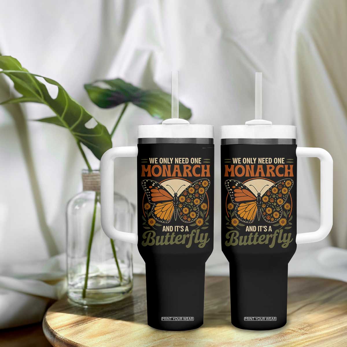 We Only Need One Monarch And Its A Butterfly Tumbler With Handle Retro Peace Sign Flowers TS11 Print Your Wear