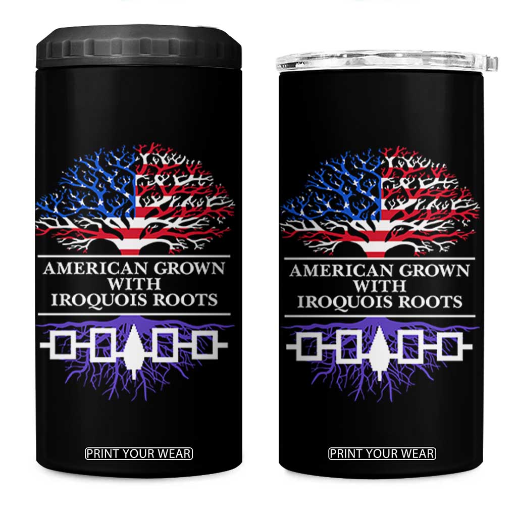 American Grown With Iroquois Roots 4 in 1 Can Cooler Tumbler Tree USA Flag TS11 One Size: 16 oz Black Print Your Wear