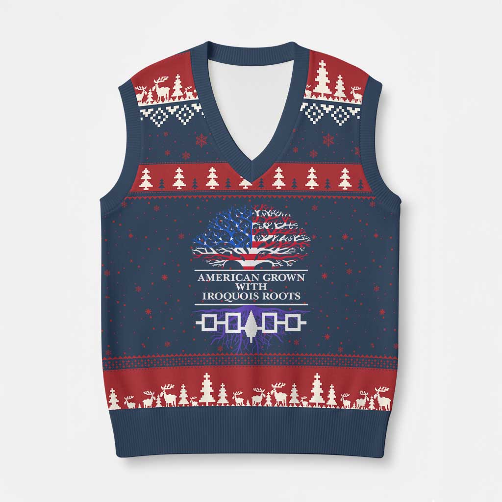 American Grown With Iroquois Roots V-Neck Knit Sweater Vest Tree USA Flag - Print Your Wear