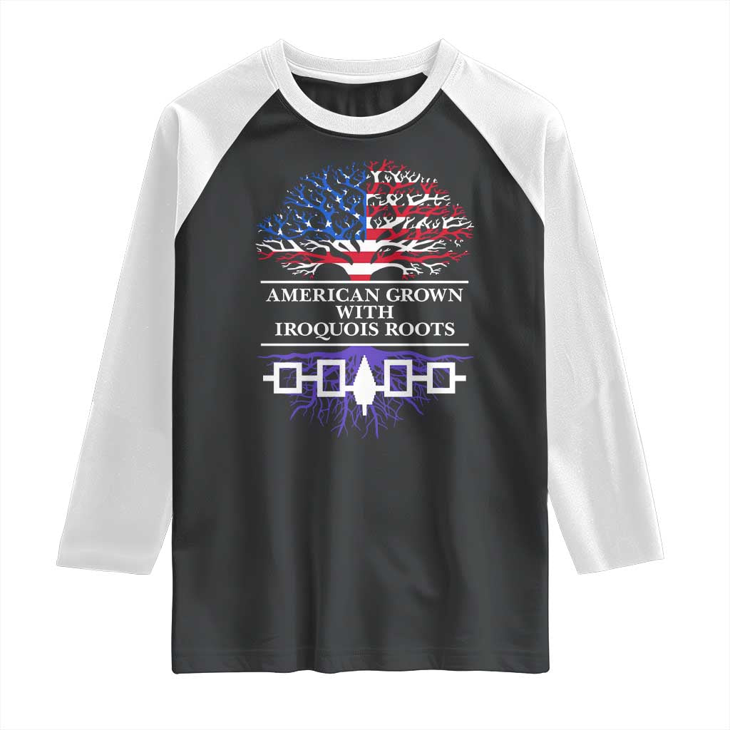 American Grown With Iroquois Roots Raglan Shirt Tree USA Flag TS11 Black White Print Your Wear