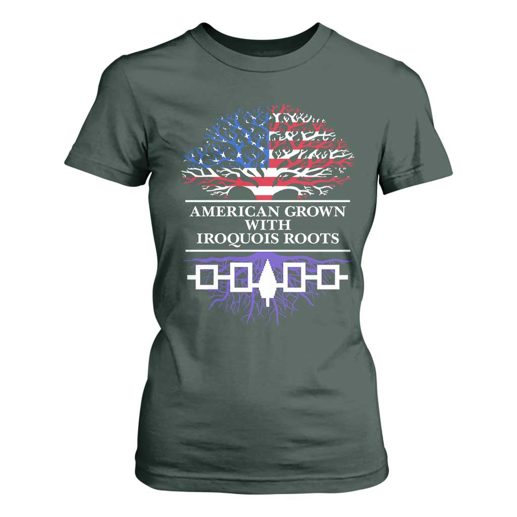 American Grown With Iroquois Roots T Shirt For Women Tree USA Flag TS11 Dark Forest Green Print Your Wear