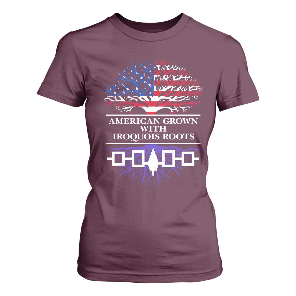 American Grown With Iroquois Roots T Shirt For Women Tree USA Flag TS11 Maroon Print Your Wear