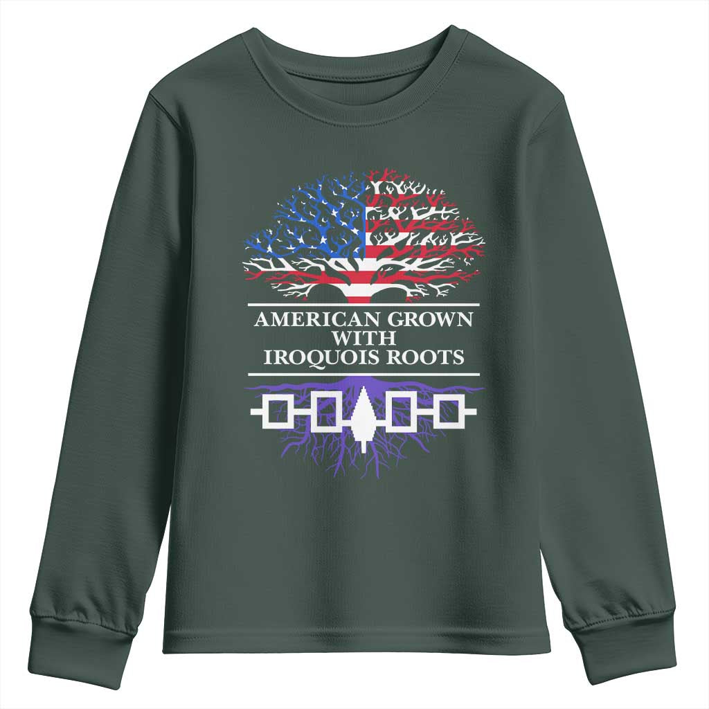 American Grown With Iroquois Roots Youth Sweatshirt Tree USA Flag TS11 Dark Forest Green Print Your Wear